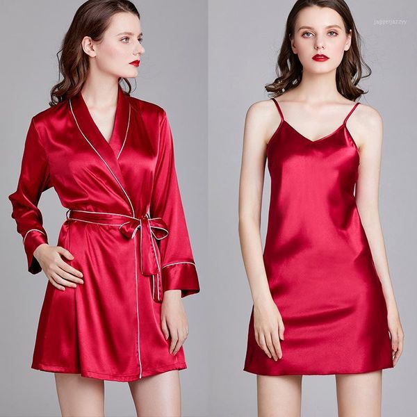 

women's sleepwear burgundy women satin robe intimate lingerie casual solid nightdress silky home clothes 2021 nightwear1, Black;red