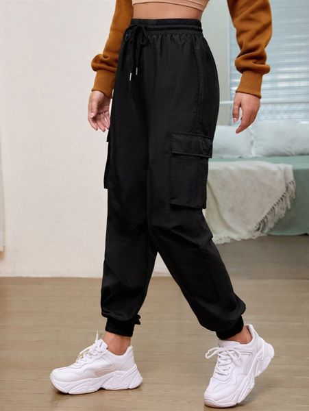 

petite drawstring waist loose cargo pants q622#, Black;white
