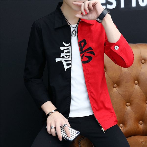 

#7415 spring 2021 black and red denim jacket men zipper casual hip hop jeans jacket homme streetwear bomber coat windbreaker, Black;brown