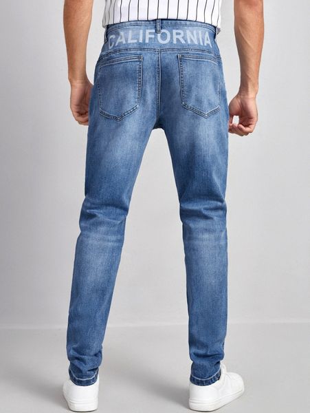 

men letter graphic slant pocket light wash jeans u7t9#, Blue
