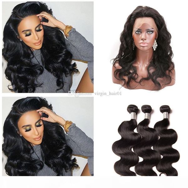 

brazilian body wave with 360 frontal 8a brazilian virgin hair pre plucked 360 lace frontal with bundles body wave human hair with closure, Black;brown