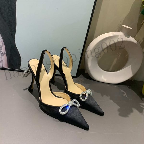 

pointy bow rhinestone high heeled shoes maiden feeling versatile 2021 new diamond satin ankle strap wrap sandals female 34-40, Black
