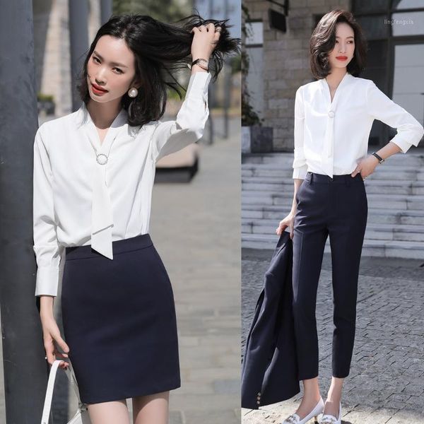 

fashion women blouses & shirts long sleeve office ladies 2 piece skirt pant and sets styles1, White