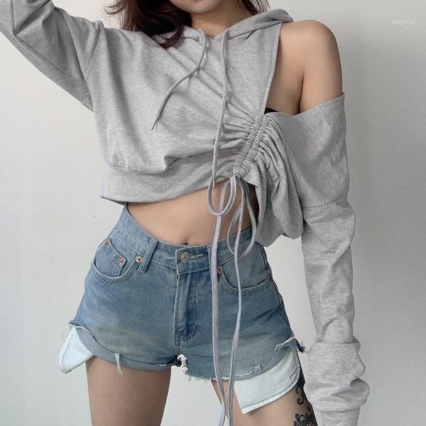 

nclagen streetwear shoulder hollow out drawstring pleated hooded pullover women long sleeve casual crop hoodies sweatshirt1, Black