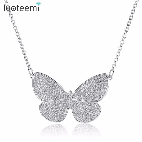 

luoteemi butterfly pendant necklace tiny cz stone inlaid link chain necklaces women clothing accessories jewelry collier femme 201013, Silver