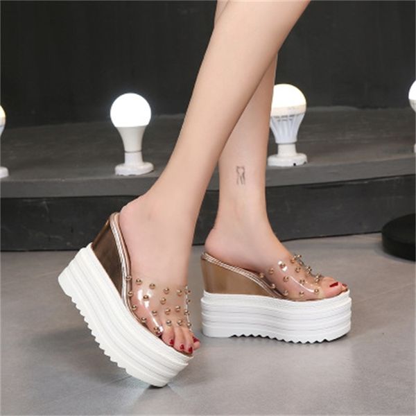 

2020 high 2020 heels muffins deep soles sandals ladies casual rivets dwaterproof water wedge shoes women v3ot, Black