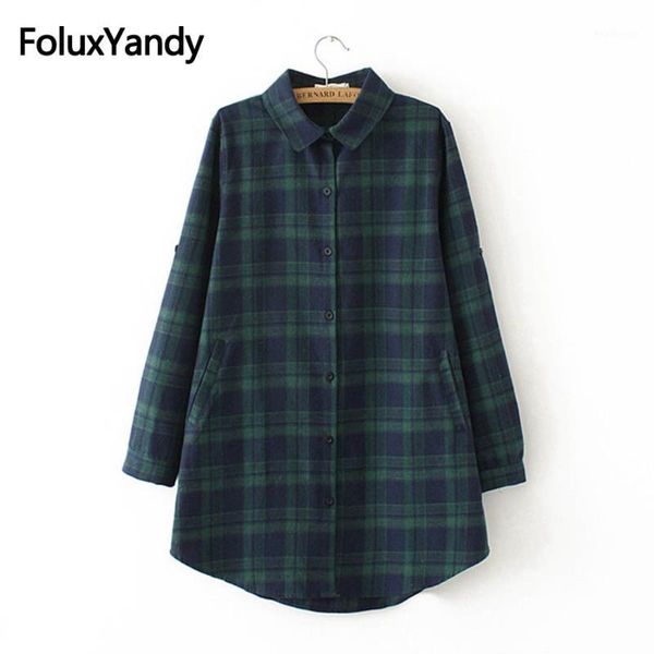 

new autumn plaid blouses long sleeve women casual turn-down collar loose long blouse shirt plus size 3xl 4xl kkfy2266oil1, White