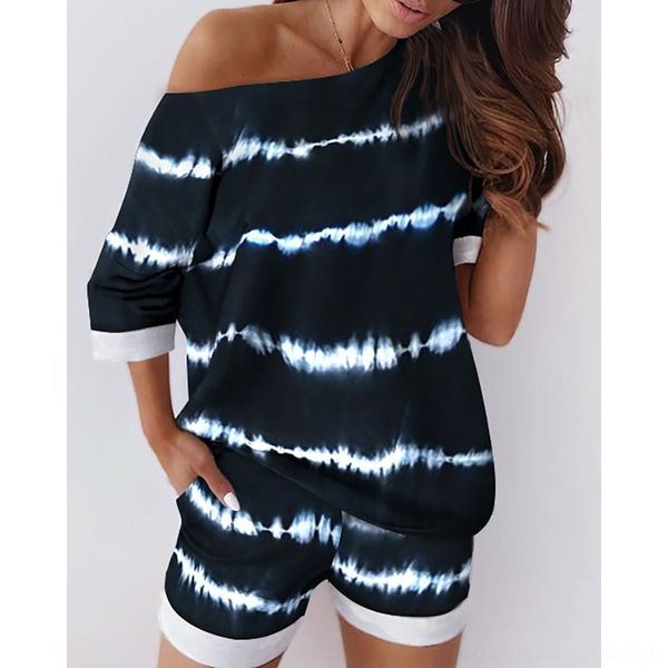 

p6wrh women's tie women's set two-piece dye wave stripe zmgg5 casual v-neckshoulder two-piecetie-dye ins fashion two piece set loo, Gray