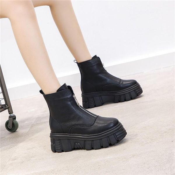 

тималин женщина boots мода стиль женщина весна осень платформа сапоги женской коренастая обувь круглый toe площадь короткой плюшевого каблук, Black