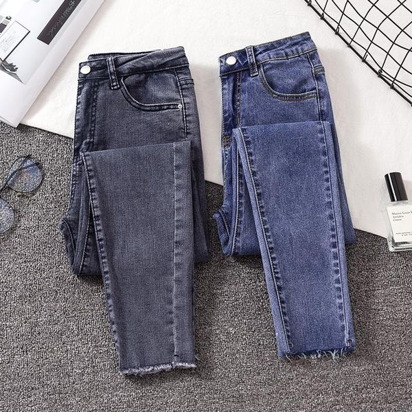 

women's jeans 2021 woman skinny gray blue solid elastic denim pencil pants chic casual high waist jean female
