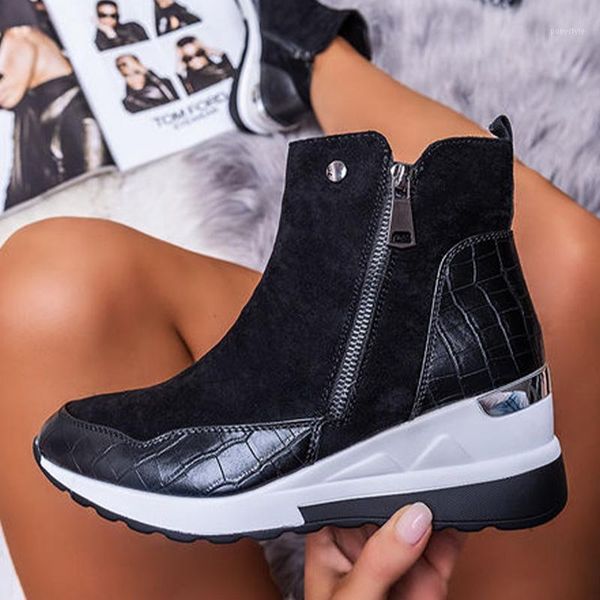 

boots women sneakers fashion wedges heels ladies ankle autumn winter casual shoes non-slip zipper leather female footwear 20211, Black