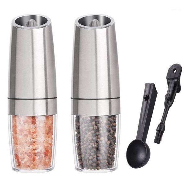 

gravity electric salt and pepper grinder set of 2, battery powered pepper shakers, automatic mills with led light, adjust1