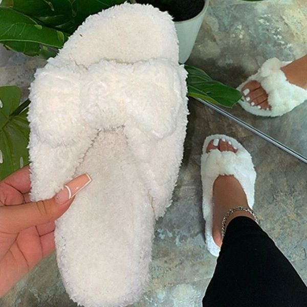 

women short plush slippers bow fluffy slides women's soft warm autumn spring mules comfort shoes indoor home plus size 2020 #m90z, Black