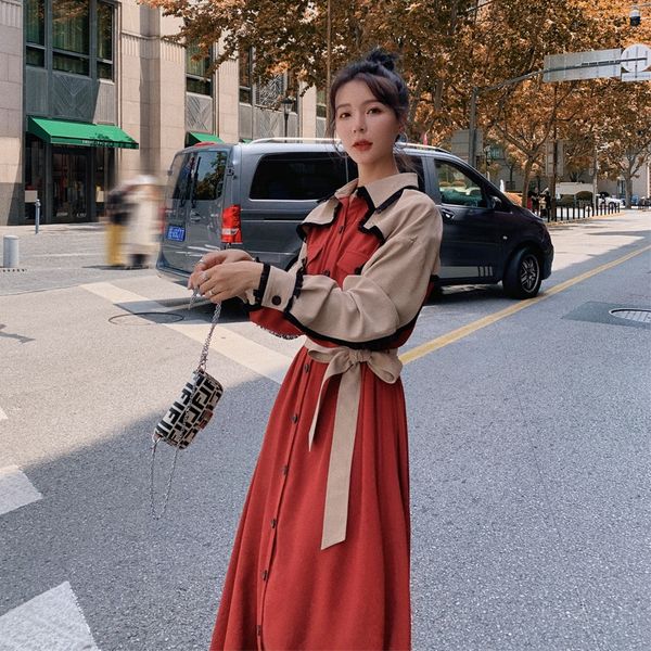 

french style long sleeve shirt shirt dress for women 2020 autumn new style waist closing celebrity temperament shows thin and high skirt gtm, Black;gray