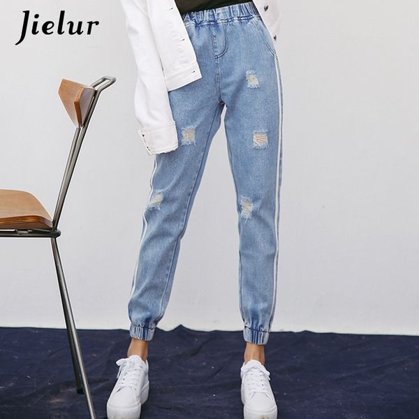 

jielur harajuku fresh striped holes ripped jeans for women preppy style elastic high waist jeans femme jeans mujer 210202, Blue