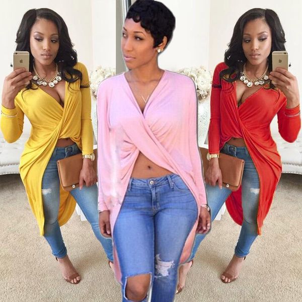 

casual dresses wholesale-2021 winter deep v neck long sleeve front crossed party asymmetrical bodycon cotton blend t shirt dress1, Black;gray