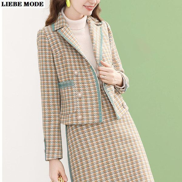 

women's office uniform plaid suit formal set women notched blazer jacket and skirt houndstooth business outfit work skirt suits, White