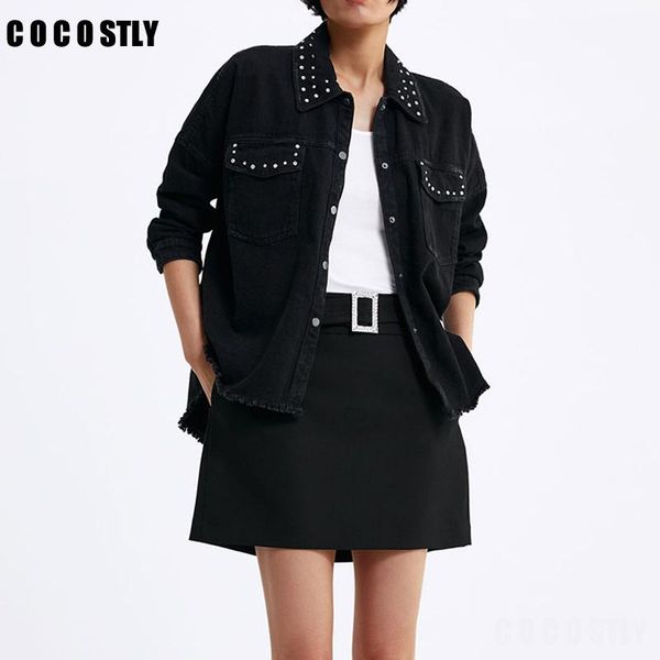 

spring autumn studded frayed jackets women denim jacket long sleeve women's jackets outerwear irregular jeans jacket streetwear, Black;brown