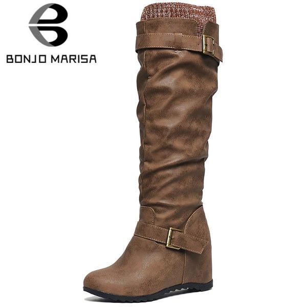 

boots bonjomarisa dropship winter shoes women big size 44 classic cosy for walk internal heels mid-calf boot female, Black