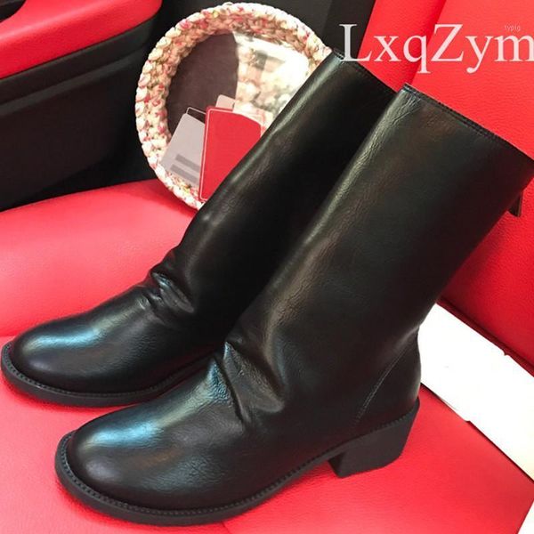 

boots back zipper leather round toe squared med heel ankle comfort casual women's short 4.5cm size 35-401, Black