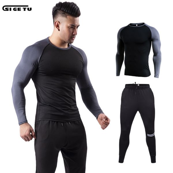 

men's elastic two high piece fitness slim long sleeve quick drying t-shirt sweat basketball running suit, Gray