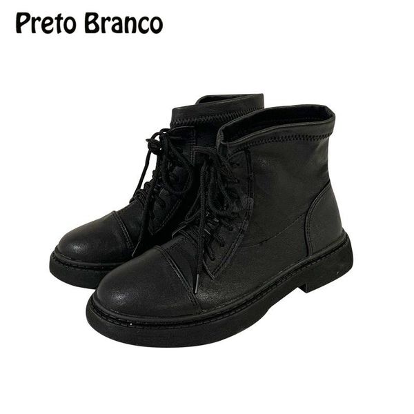 

preto branco 2020 new design classic black pu lace up boot british round students female soft leather boots -7889-09