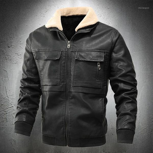 

pu leather jacket men vintage turn-down collar motor jacket men casual winter fur lined fashion clothing slim fit1, Black