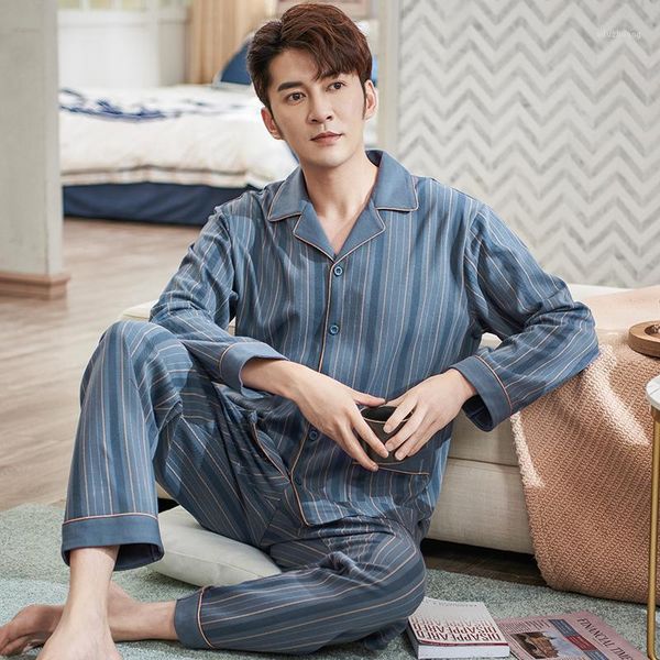 

new autumn pyjamas men full pure cotton pajama sets striped print pijama hombre plus size -3xl casual tracksuit home clothes1, Black;brown