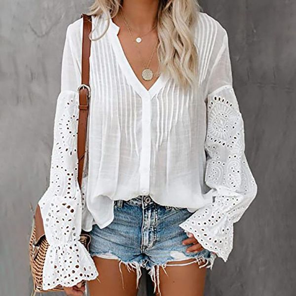 

fashion white and blouse women 2020 lace long sleeve v neck blouses shirts elegant buttons casual blusas de mujer