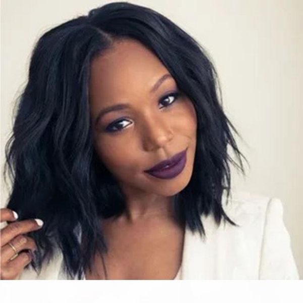 

human hair short lace front wig for black women pre plucked hairline glueless virgin peruvian short wavy full lace wigs cheap, Black;brown