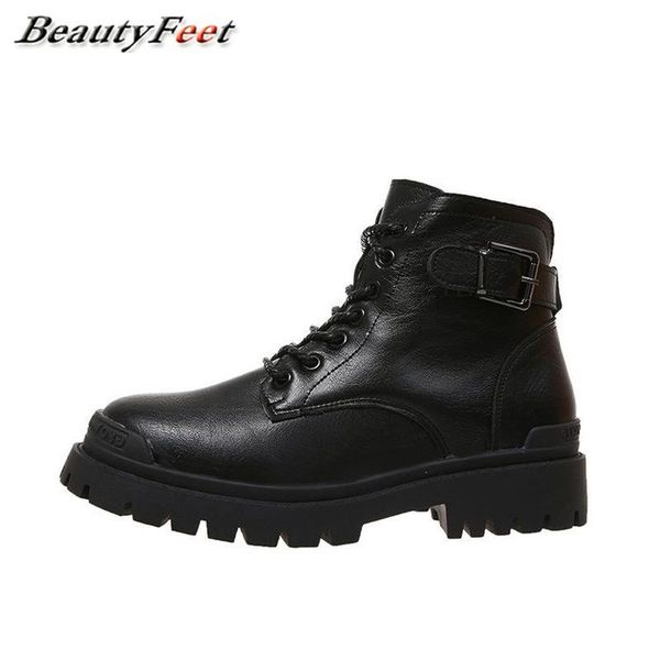 

осень зима boots для женщин обувь женщины узелок пряжки ремень платформы обувь квадратные каблуки твердая кожа ботильоны плюс размер, Black