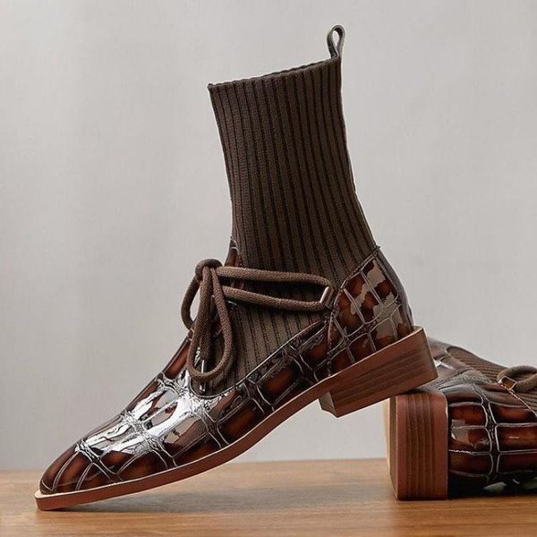 

retro ankle for shoes fashion women boots square toe winter stretch fabric, Black