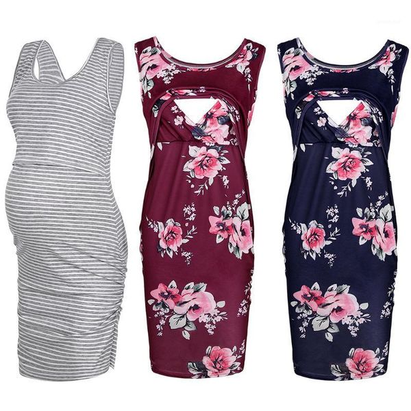 

maternity dress new floral printed pregnant dress pregnant women summer pregnancy clothes sleeveless elegant fashion1, White