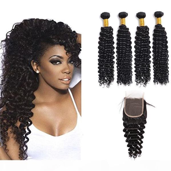 

bundles with lace closure unprocessed mongolian deep wave mongolian human hair extension with lace closure, Black;brown