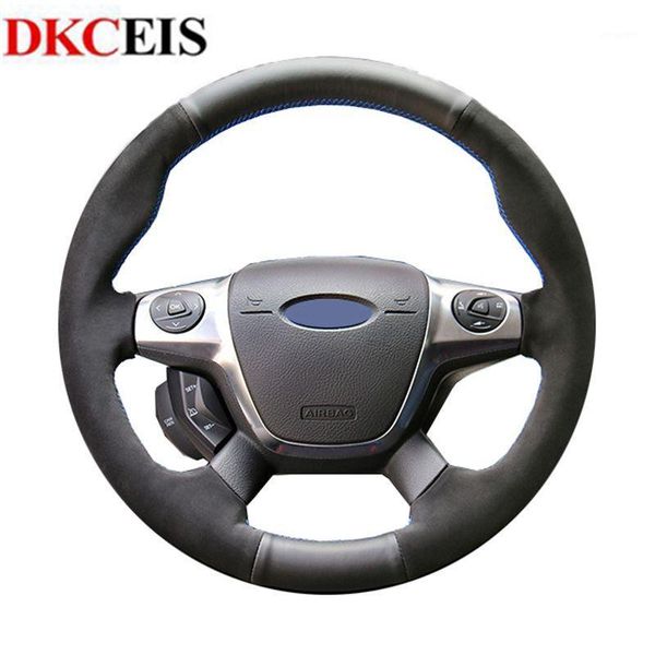 

steering wheel covers car cover for focus 3 2012 - 2014 kuga escape 2013 2021 hand-sewing black genuine leather1