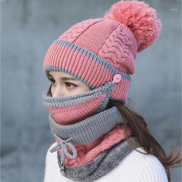 

3pcs womens winter scarf set thickend knitted hat scarf face cover outdoor h91, Blue;gray