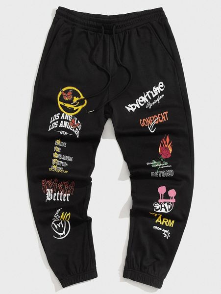 

men letter & floral print sweatpants v3pt#, Black