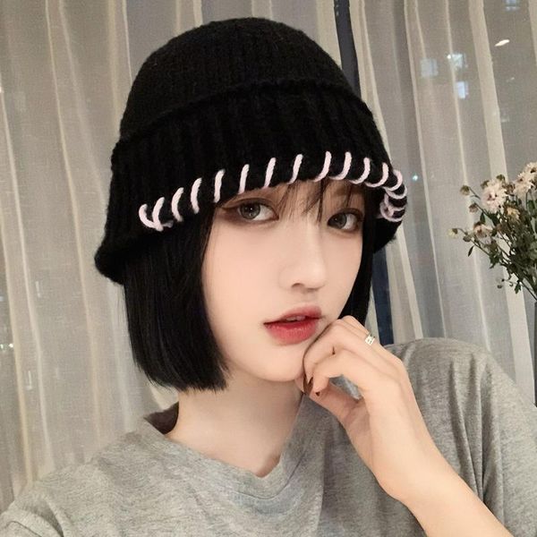 

korean version of ins autumn winter new hand-knitted wool fisherman hat female joker fashion sewing lovely warm basin hat, Blue;gray