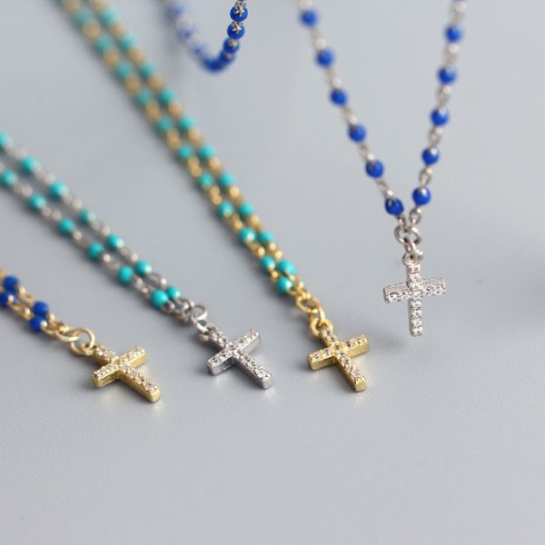 

andywen 925 sterling silver gold mini cross special long chain pendant necklace 2020 fine beads locker chains jewelry for women q1219, Golden;silver