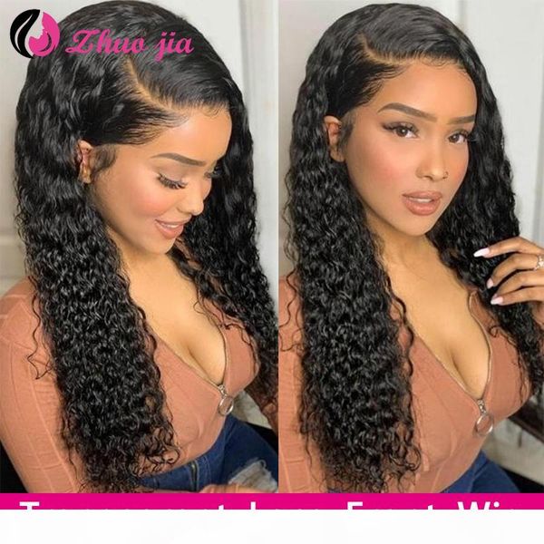 

zhuo jia curly lace front human hair wig water wave wig 13x4 lace front deep curly wig remy brazilian, Black