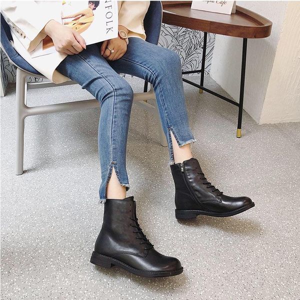 

boots leather women's black show thin boots, short fashion, british style