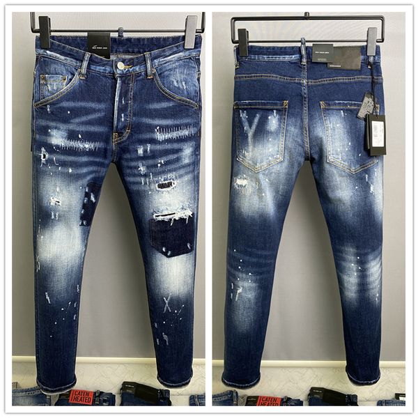 

2022 new mens jeans classic fashion brand jeans men stylish frayed patchwork jean hip zippers pockets design vogue casual skinny denim pant, Blue