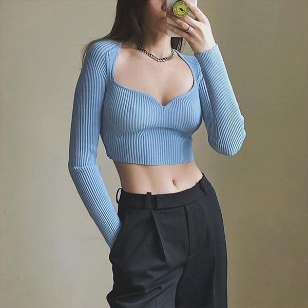 

sexy ребристые тонкий вязаная женщины crop пуловеры solid v образным вырезом с длинным рукавом lady короткие уличная перемычки 2020 осень же, White;black
