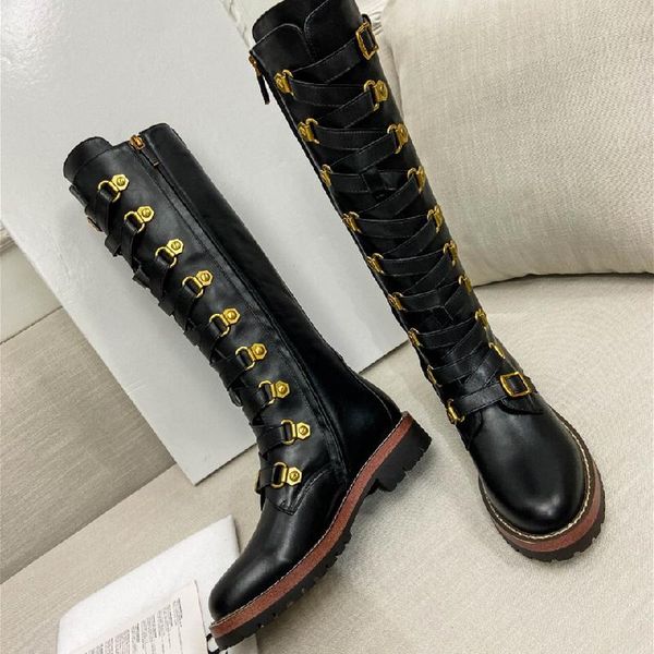 

boots 2021 women genuine leather golden metal buckle strape knee high ankle round toe fashion designer, Black