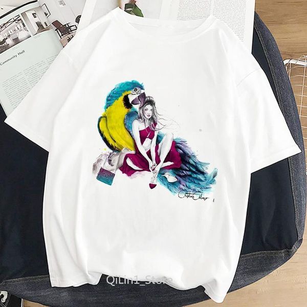 

кокатиэль и сексуальная леди напечатанные старинные футболки розовые фламинго павлины птицы печатают белые футболки 90s женская футболка пад, White