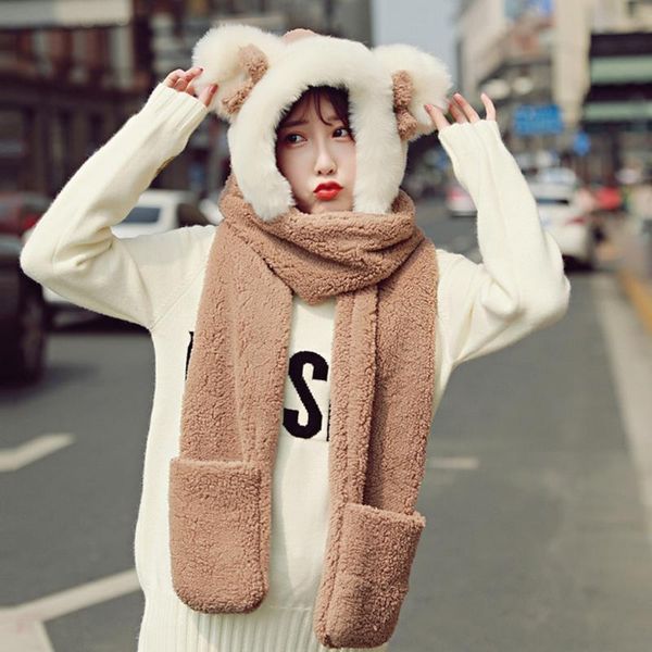 

scarves 3 in 1 with gloves cute warm scarve women winter hat plush washable solid outdoor one piece fashion soft sweat absorb thick, Blue;gray