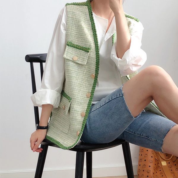 

2021 new autumn coat green v-neck sleeveless vintage style vest for women chaleco mujer gilet feminino nn4u, Black;white