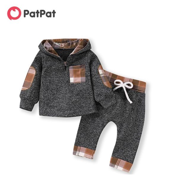 

patpat 2020 new autumn winter cotton newborn casual plaid stitching hooded long-sleeved shirt pants suit for baby crawling suit t200706, White