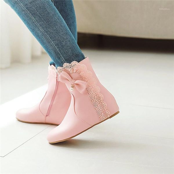 

boots ymechic sweet lovely pink white black princess lolita shoes plus size butterfly-knot lace ruffles flat heel ankle winter1