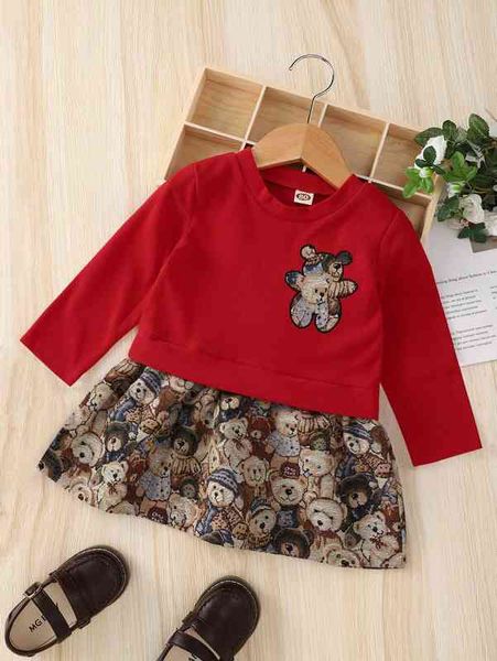 

baby bear embroidery ruffle hem sweatshirt dress she, Black